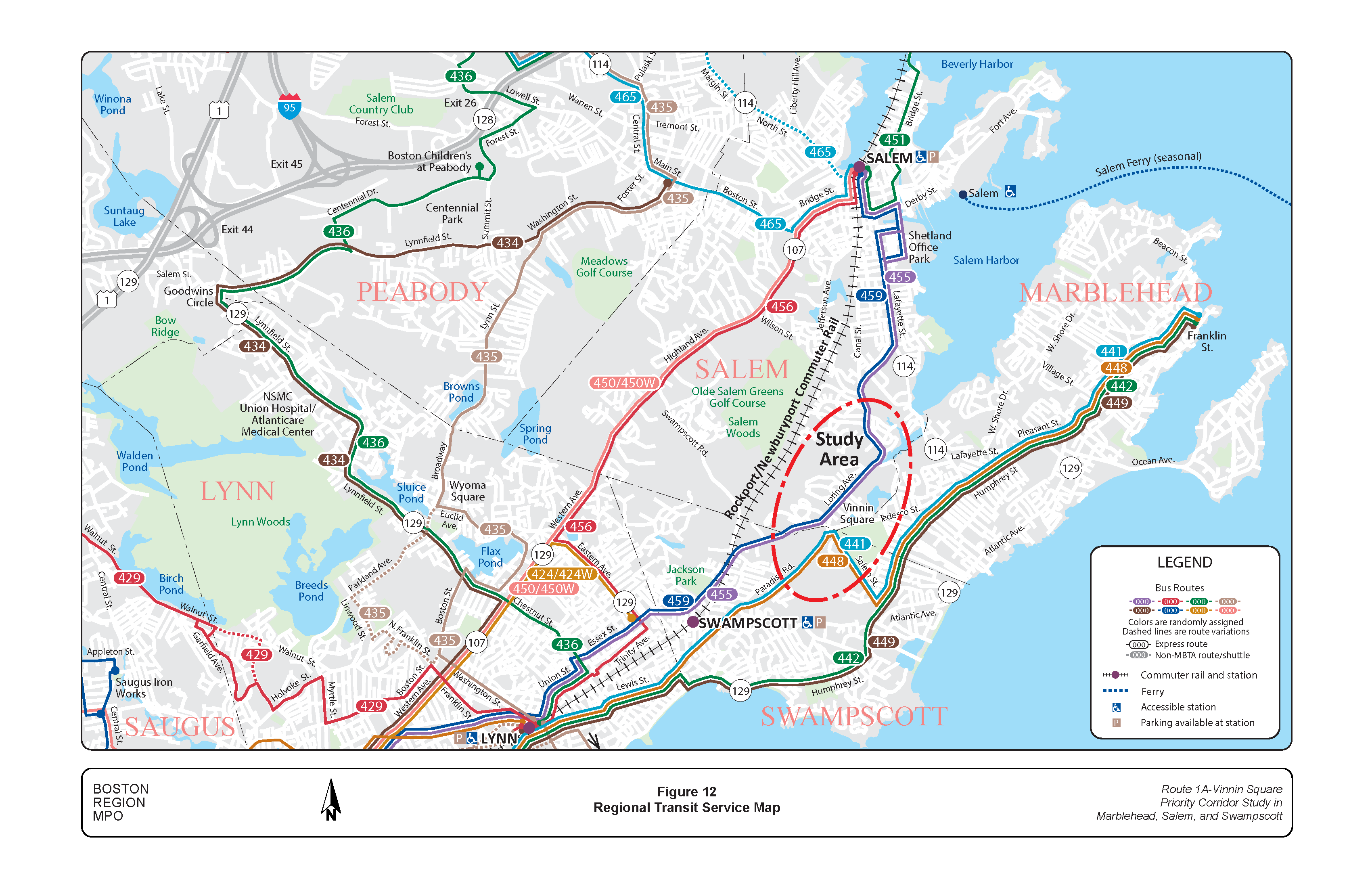 FIGURE 12. Regional Transit Service Map.Figure 12 is a map of the North Shore showing regional transit services: bus routes; commuter rail lines and stations; and ferries.