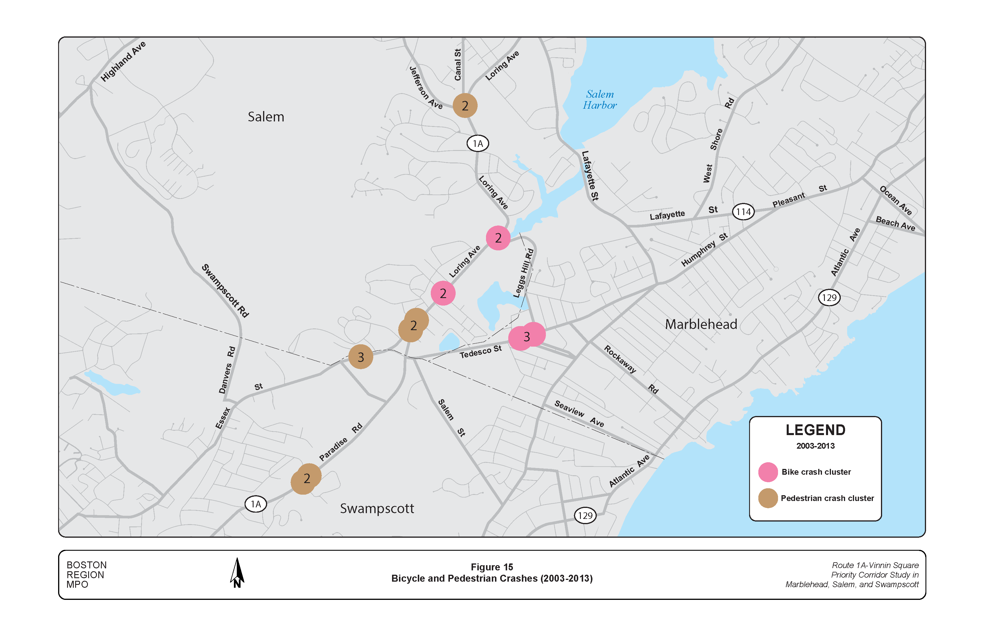 FIGURE 15. Bicycle and Pedestrian Crashes (2003-2013).Figure 15 is a map of the study area showing crashes involving bicyclists and pedestrians. The crashes occurred between 2003 and 2013.