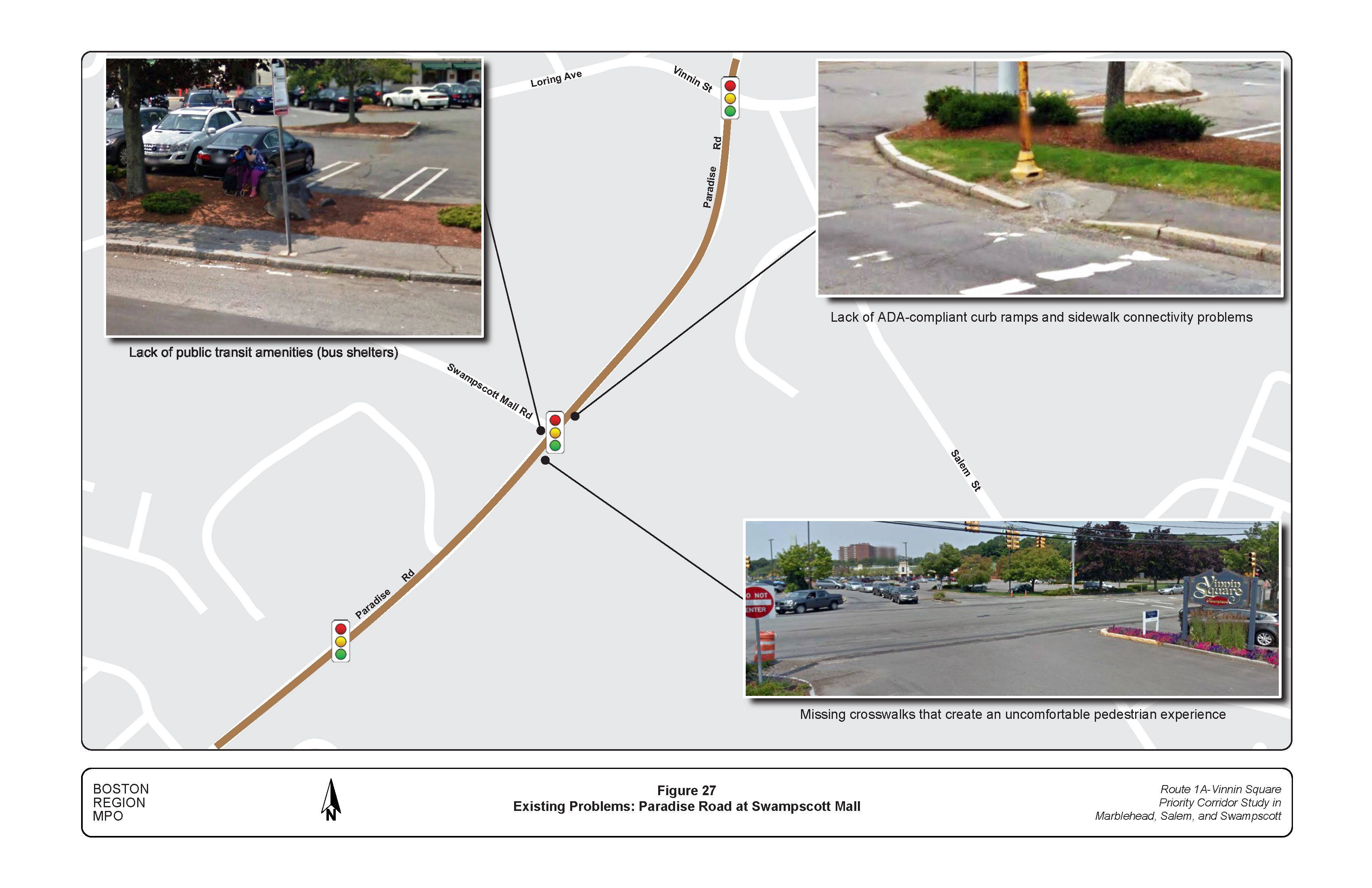 FIGURE 27. Existing Problems: Paradise Road at Swampscott Mall.Figure 27 is a map of Paradise Road at Swampscott Mall. Photos embedded show problems at three locations.