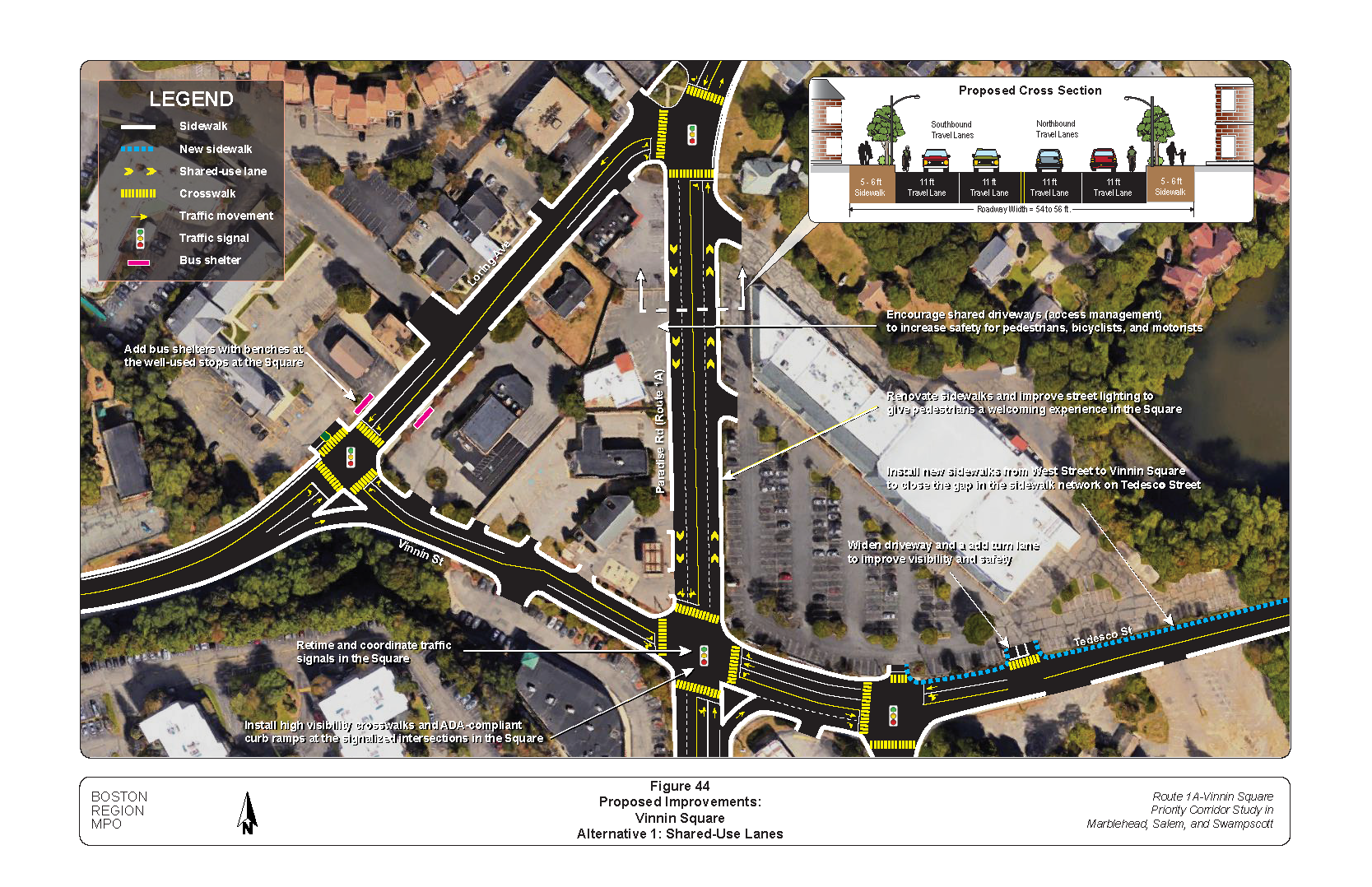 FIGURE 44. Proposed Improvements, Alternative 1: Vinnin Square, Shared-Use Lanes.Figure 44 is a map of Vinnin Square showing the location of proposed improvements in Alternative 1. The proposed improvements are described in text boxes. Graphics embedded show proposed roadway cross sections with lane widths.