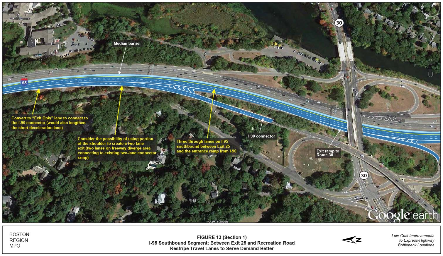 FIGURE 13. Aerial-view map showing the recommended improvement: restriping travel lanes to serve demand better