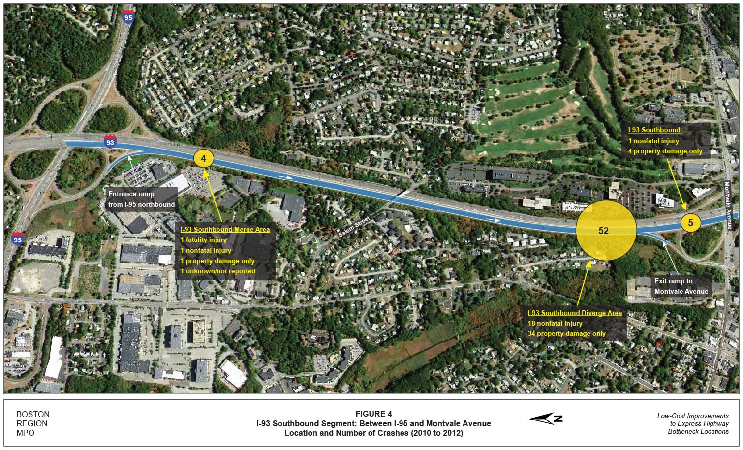 FIGURE 4. Aerial-view map showing the location and number of crashes for the I-93 southbound segment between I-95 and Montvale Avenue from 2010 to 2012