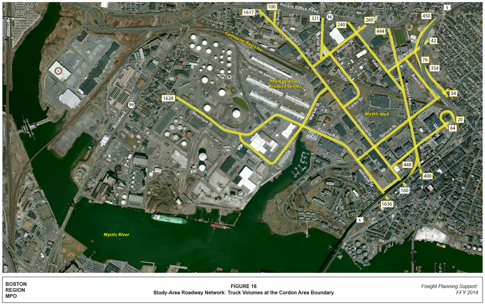 FIGURE 16. Study-Area Roadway Network: Truck Volumes at the Cordon Area Boundary
This map shows the Study Area and highlights in yellow a network of streets for which a detailed traffic analysis was prepared. The locations at the ends of the highlighted streets are at the cordon area boundary.