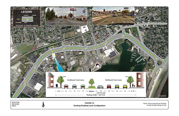 FIGURE 13. Aerial-view map and computer-drawn roadway cross-section that show the existing lane configuration of the Lynnway and Carroll Parkway.