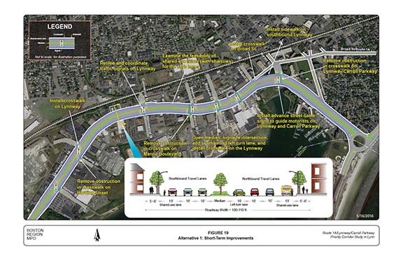 FIGURE 19. Aerial-view map and computer-drawn roadway cross-section that portrays MPO staff “Alternative 1,” which recommends short-term improvements, such as opening the median at Blossom Street, retiming and coordinating traffic signals, removing obstructions in crosswalks, and reconfiguring curbside lanes into shared-use lanes.
