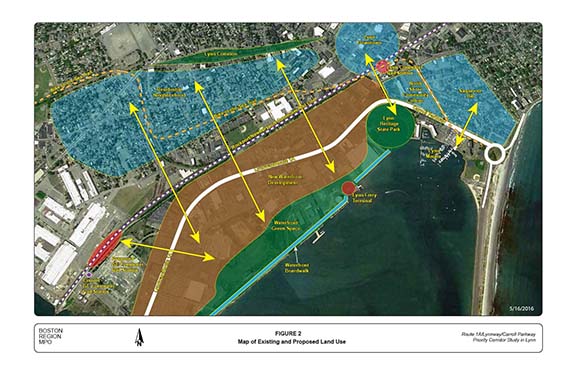 FIGURE 2. Computer-drawn map showing the existing and proposed land uses surrounding the Lynnway and Carroll Parkway, including the Lynn downtown area and surrounding neighborhoods, transportation centers and terminals, and the waterfront developments.
