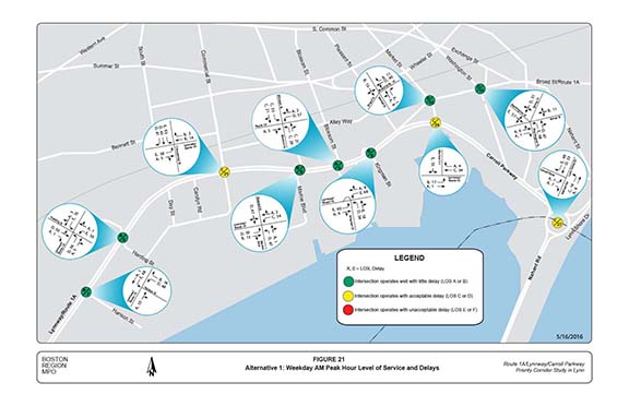 FIGURE 21. Computer-drawn map with graphics showing the results of the traffic operations analyses at the major intersections for Alternative 1 in terms of level of service and delays for the weekday AM peak hour.