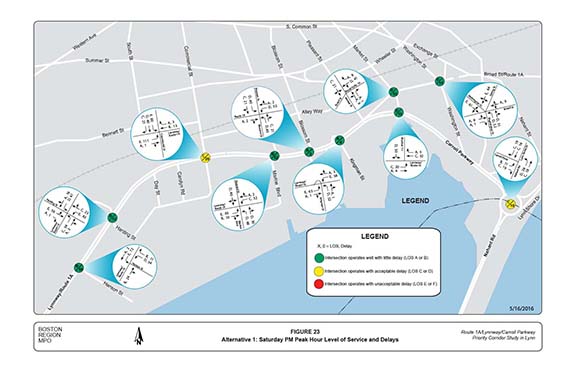 FIGURE 23. Computer-drawn map with graphics showing the results of the traffic operations analyses at the major intersection for Alternative 1 in terms of level of service and delays for the Saturday PM peak hour.