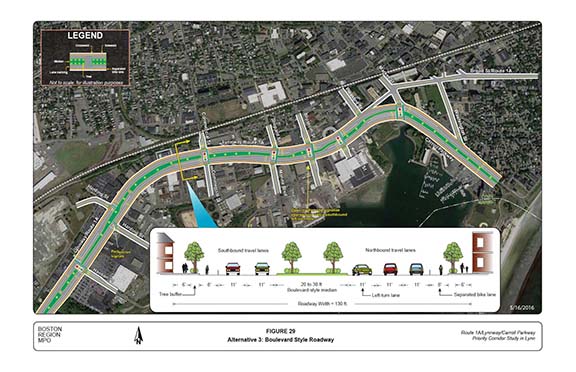 FIGURE 29. Aerial-view map and computer-drawn roadway cross-section that portrays MPO staff’s “Alternative 3,” which recommends long-term improvements, such as removing a travel lane in each direction on the Lynnway and Carroll Parkway and reconfiguring the roadway to facilitate the installation of a wider median; wider sidewalks; shorter crosswalks with pedestrian refuge areas; and separated bicycle lanes.