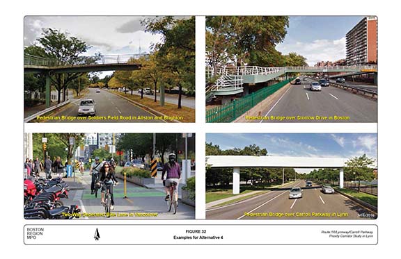 FIGURE 32. Photographs of examples for Alternative 4, such as Soldiers Field Road in Allston and Brighton, Storrow Drive in Boston, or extending the Carroll Parkway roadway character to the Lynnway portion of the corridor.