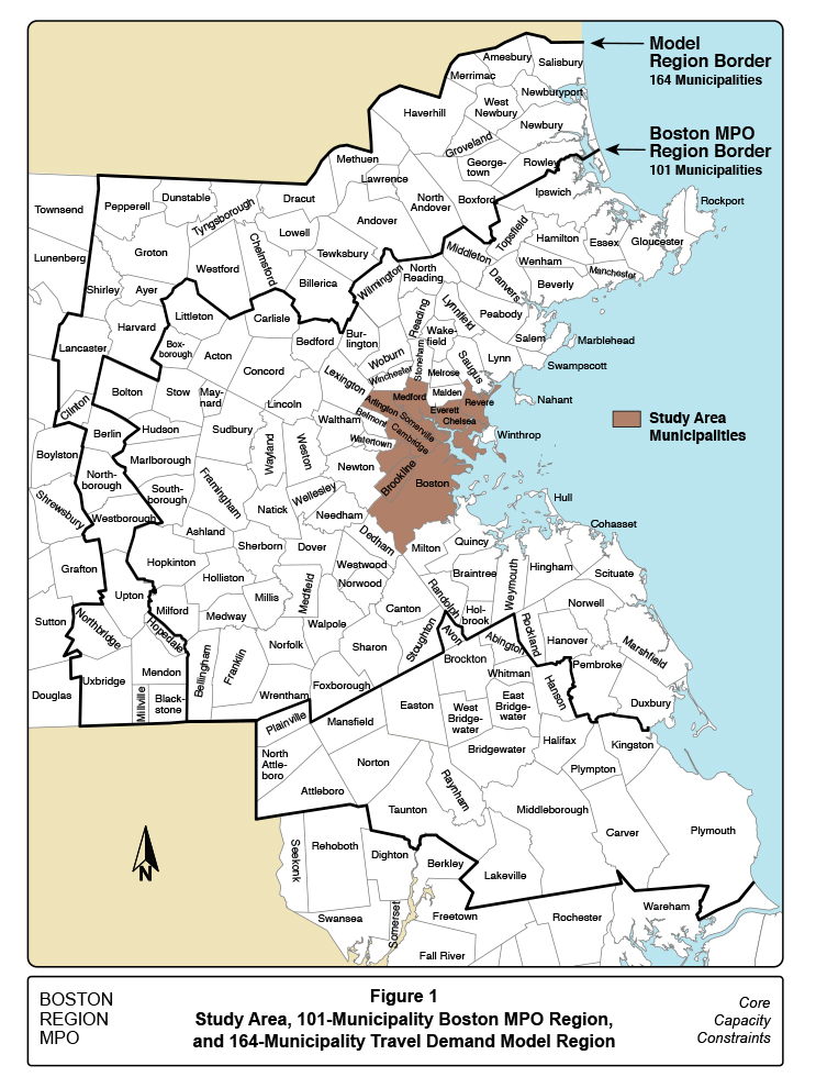 Figure 1 Figure 1 is a map of eastern Massachusetts. The boundaries of the Core Capacity study area, Boston MPO region, and travel demand model region are shown.