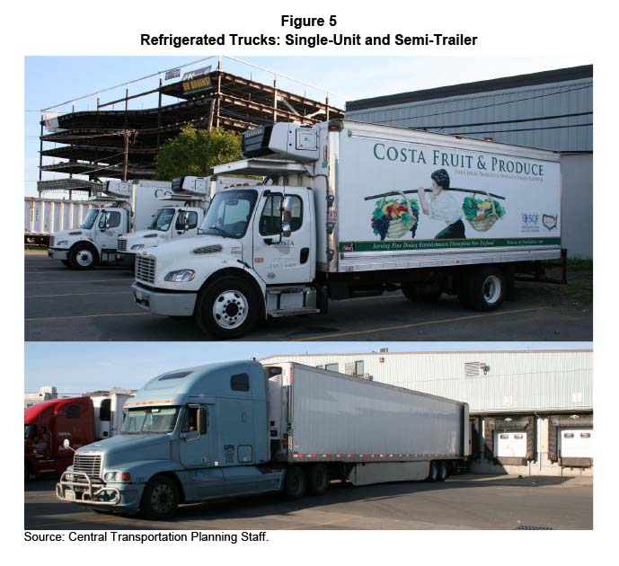 FIGURE 5. Refrigerated Trucks: Single-Unit and Semi-Trailer
Figure 5 is a group of two photos of trucks. The first photo shows a single-unit box-type truck with a refrigeration unit attached. The second photo shows a tractor unit attached to a refrigerated semi-trailer, which is being unloaded at a warehouse loading dock.