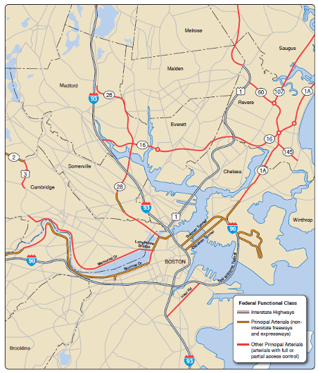 Figure 2. Interstate Highways, Principal Arterial Freeways and Expressways, and Other Fully or Partially Access-Controlled Principal Arterials in the Boston Region MPO’s Inner Core
Figure 2 is a map that shows the locations of the Interstate Highways, Principal Arterial Freeways and Expressways, and Other Fully or Partially Access-Controlled Principal Arterials in the Boston Region MPO’s Inner Core.