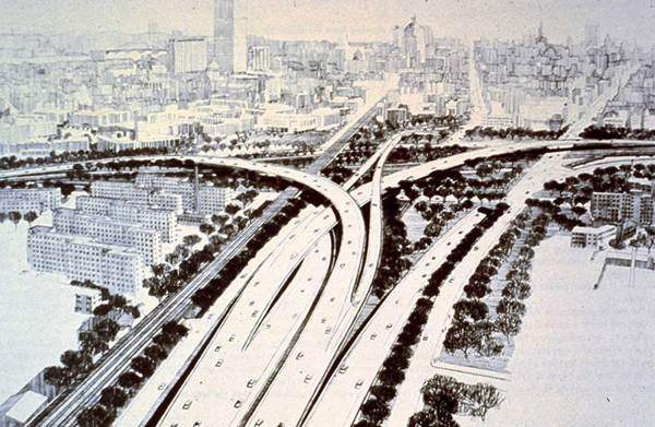 Rendering of a highway interchange circa 1960 Rendering of a highway interchange circa 1960