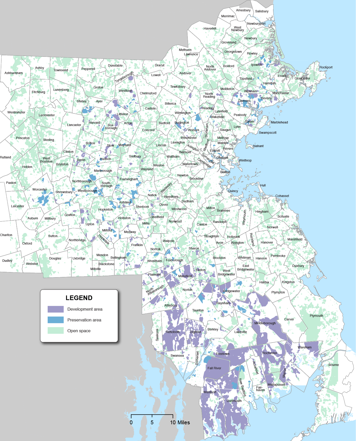 Figure 9-1 is a map of the Boston Region MPO with areas that are regionally significant priority development and preservation areas marked in blue and green respectively.