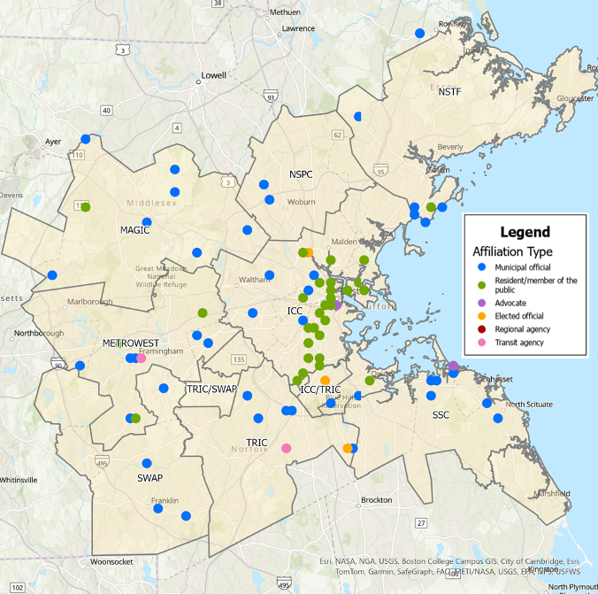 Figure 11 is a map depicting the geographic distribution of public comments received in FFY 2024 and the commenters’ affiliations. Staff received comments from municipal stakeholders across every subregion, while comments from members of the public were concentrated in the inner core and at locations where staff attended in-person events. Figure 11 is a map depicting the geographic distribution of public comments received in FFY 2024 and the commenters’ affiliations. Staff received comments from municipal stakeholders across every subregion, while comments from members of the public were concentrated in the inner core and at locations where staff attended in-person events.