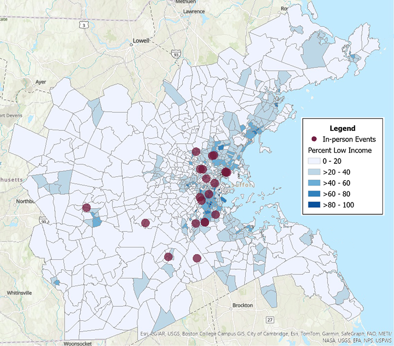 Figure 2 is a map depicting the geographic distribution of FFY 2024 in-person event locations in relationship to the distribution of the low-income population in the Boston region. While most in-person events overlapped with areas of medium to high concentrations of people with low income, there are several gaps outside of the inner core, including on the North and South shores. Figure 2 is a map depicting the geographic distribution of FFY 2024 in-person event locations in relationship to the distribution of the low-income population in the Boston region. While most in-person events overlapped with areas of medium to high concentrations of people with low income, there are several gaps outside of the inner core, including on the North and South shores.
