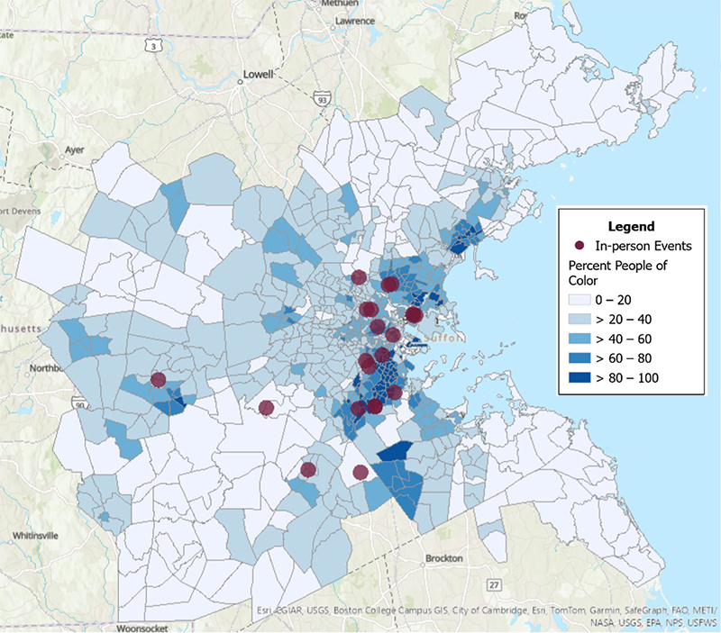 Figure 3 is a map depicting the geographic distribution of FFY 2024 in-person event locations in relationship to the distribution of people of color in the Boston region. While most in-person events overlapped with areas of medium to high concentrations of people of color, there are several gaps outside of the inner core, including on the North and South shores and in the western part of the region. Figure 3 is a map depicting the geographic distribution of FFY 2024 in-person event locations in relationship to the distribution of people of color in the Boston region. While most in-person events overlapped with areas of medium to high concentrations of people of color, there are several gaps outside of the inner core, including on the North and South shores and in the western part of the region.