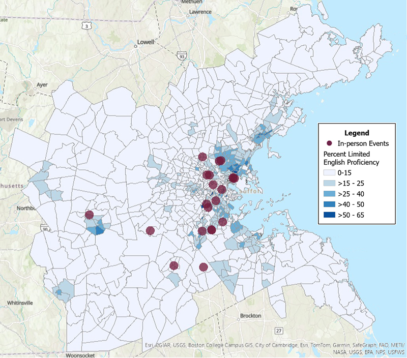 Figure 4 is a map depicting the geographic distribution of FFY 2024 in-person event locations in relationship to the distribution of the limited English proficiency population in the Boston region. While most in-person events overlapped with areas of medium to high concentrations of people with limited English proficiency, there are some gaps outside of the inner core, including on the North and South shores. Figure 4 is a map depicting the geographic distribution of FFY 2024 in-person event locations in relationship to the distribution of the limited English proficiency population in the Boston region. While most in-person events overlapped with areas of medium to high concentrations of people with limited English proficiency, there are some gaps outside of the inner core, including on the North and South shores.