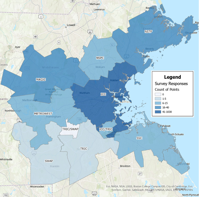 Figure 6 is a map depicting the geographic distribution of survey responses (by subregion) for all FFY 2024 surveys. The highest concentration of responses were in the inner core, and the lowest concentration of responses were in the Three Rivers Interlocal Council (TRIC) and Southwest Advisory Planning Committee subregions (SWAP). Figure 6 is a map depicting the geographic distribution of survey responses (by subregion) for all FFY 2024 surveys. The highest concentration of responses were in the inner core, and the lowest concentration of responses were in the Three Rivers Interlocal Council (TRIC) and Southwest Advisory Planning Committee subregions (SWAP).
