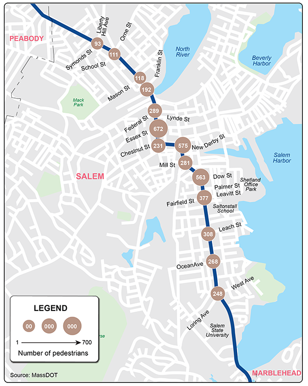 Figure 4 is a map showing the volumes of pedestrians at the selected intersections.