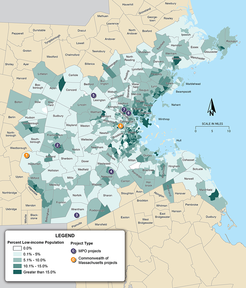 Figure B-4 is a map that shows the location of projects in the 2023 LRTP overlaid on the percent of the population in each census tract that is low income.