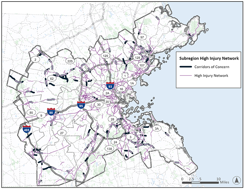 Figure C-2: A map of the entire Boston MPO Region which displays road segments as lines depicting the crash hotspots within each of the eight subregions.