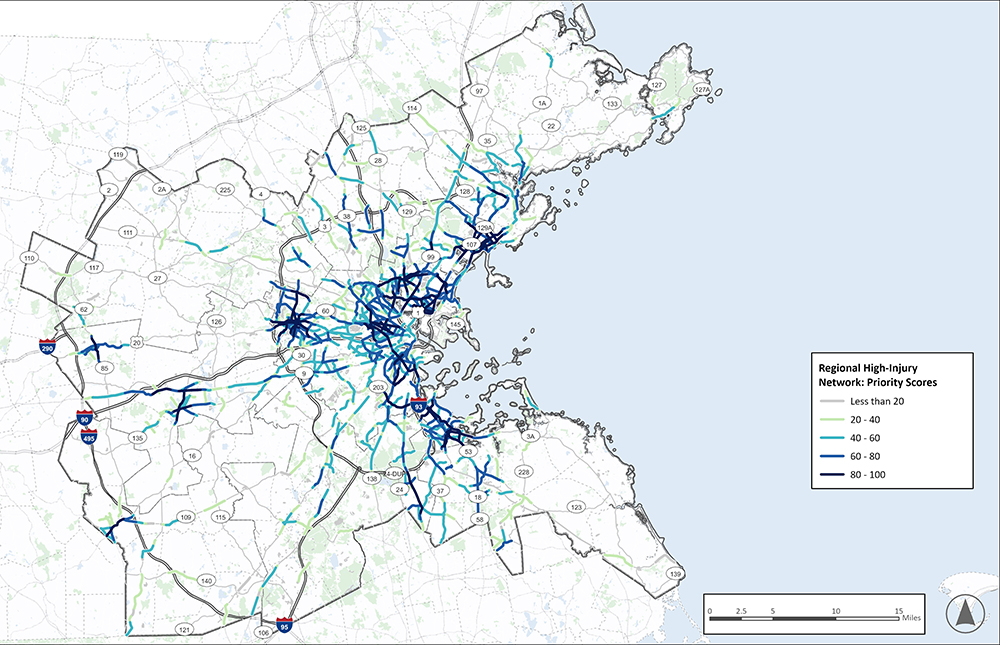 A map of the Boston area with the MPO region enclosed in a border. A Regional High Injury Network, consisting of highlighted high injury roadway segments and corridors of concern, is overlayed on the map. Most highlighted road segments are in the city of Boston, communities to the immediate north, and stretching along major roads to the northeast. There are also notable clusters around Waltham, Framingham, Marlborough, and Quincy/Weymouth