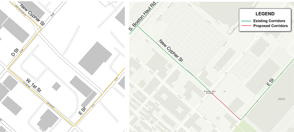 Figure 5a
This figure shows the existing corridors in South Boston that are proposed for removal due to a newly constructed corridor that provides improved connectivity.

Figure 5b
This figure shows the proposed corridor in South Boston, a newly constructed segment providing improved connectivity.