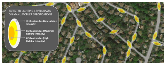 Map showing existing locations of roadway light fixtures and expected illuminance levels.