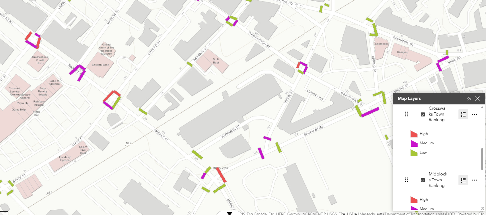 Map of Lynn, Massachusetts, showing prioritized crosswalks and midblock crossings with high, medium, and low rankings.