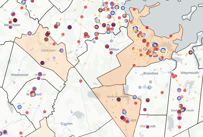 Excerpt map of the Boston Region MPO displaying pedestrian crashes, subsect of priority municipalities, and five percent of prioritized crosswalks. 