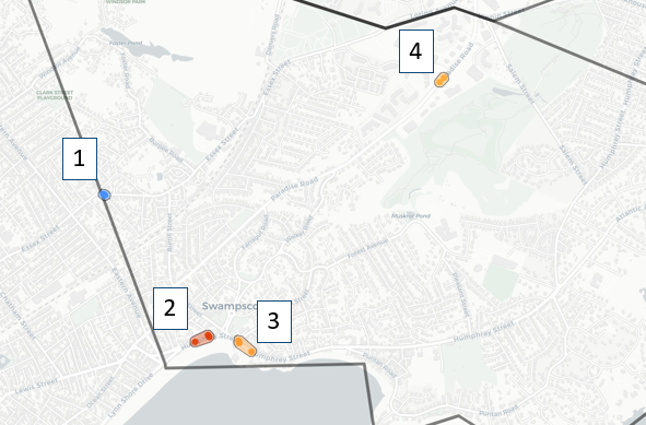 Map of Swampscott, Massachusetts with four clusters of five percent of prioritized crosswalks. 