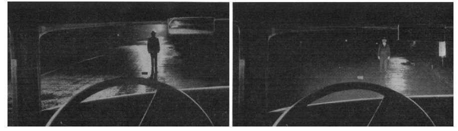 Pedestrian in a roadway comparing negative contrast (dark silhouette) and positive contrast (illuminated figure).