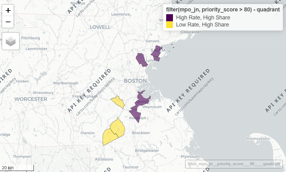 Map showing eight Boston Region MPO municipalities with priority scores over 80. 