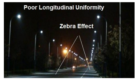 A roadway with poor lighting uniformity that shows alternating pools of light and shadows, creating the Zebra effect. 