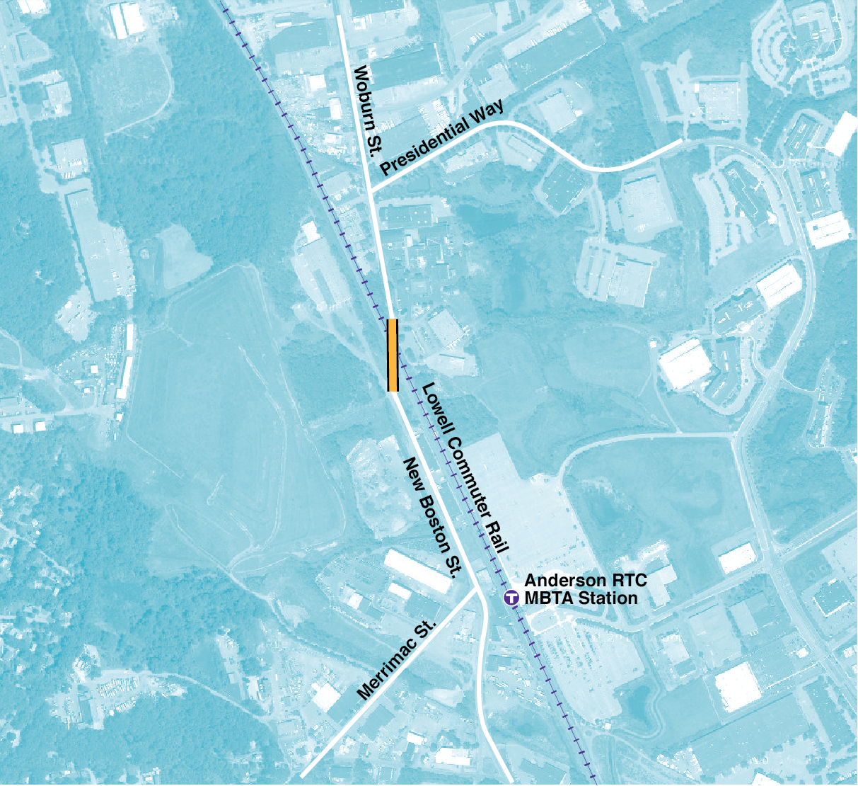 Figure 4-10. Bridge Replacement, New Boston Street Over MBTA Project Area
Figure 4-10 is a map of the Lowell commuter rail line, Anderson Regional Transportation Center, Merrimac Street, Woburn Street, New Boston Street, and Presidential Way.