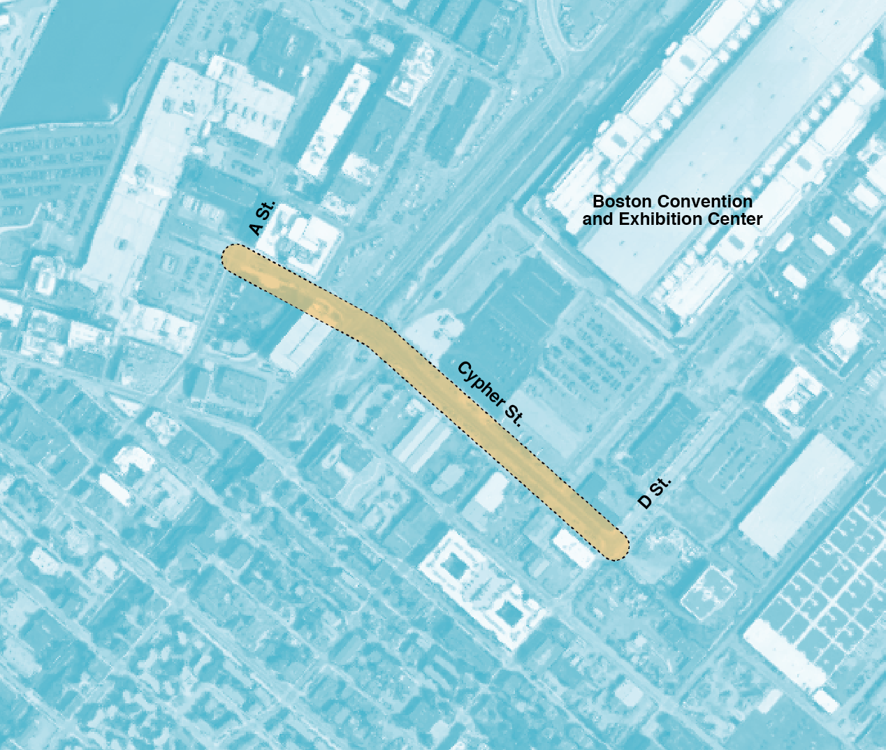 Figure 4-11. Cypher Street Extension Project Area
Figure 4-11 is a map of the Boston Convention and Exhibition Center, A Street, Cypher Street and D Street.