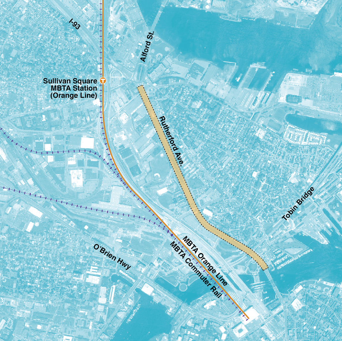 Figure 4-2. Rutherford Avenue/Sullivan Square Project Area
Figure 4-2 is a map of Rutherford Avenue, the MBTA Orange Line, the MBTA Commuter Rail, Sullivan Square MBTA Station, Interstate 93, Alford Street, O’Brien Highway, the Tobin Bridge and the surrounding landscape.