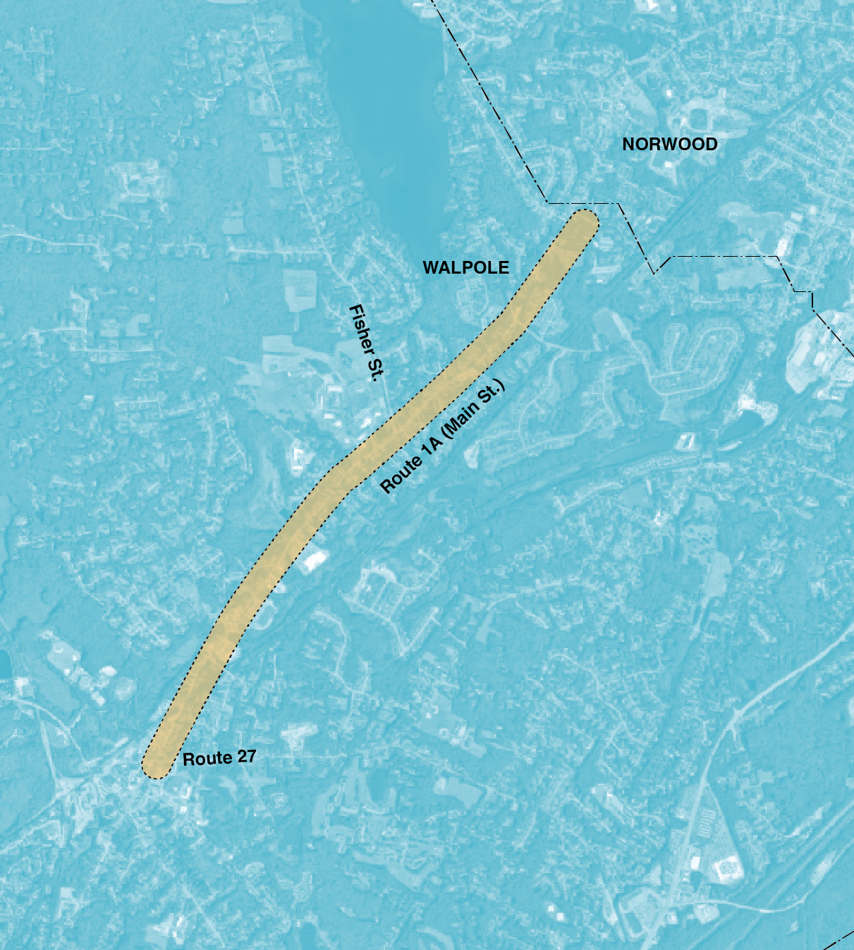 Figure 4-9. Route 1A Reconstruction Project Area
Figure 4-9 is a map of Route 1A (Main Street), Fisher Street, Route 27, and the surrounding areas of Walpole and Norwood.