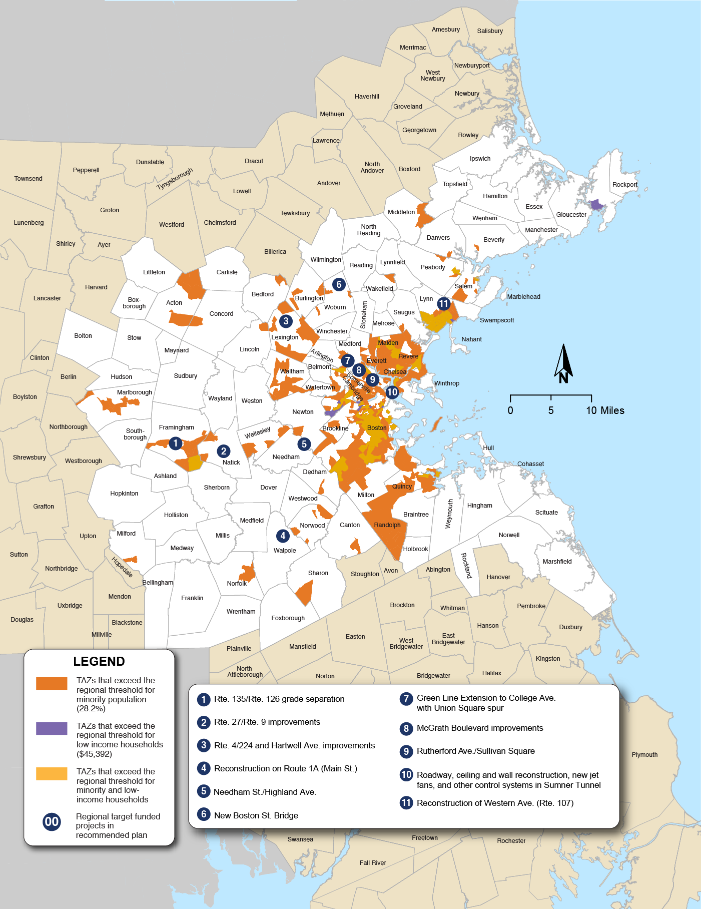 Figure 6-1. Recommended Plan Projects in Minority and Low-Income Transportation Equity Zones
Figure 6-1 is a map of the Boston region highlighting the transportation analysis zones (TAZs) that exceed the regional threshold for minority population, exceed the regional threshold for low-income households, and exceed the regional threshold for minority and low-income households. Figure 6-1 also shows the ten Long-Range Transportation Plan projects in these locations.