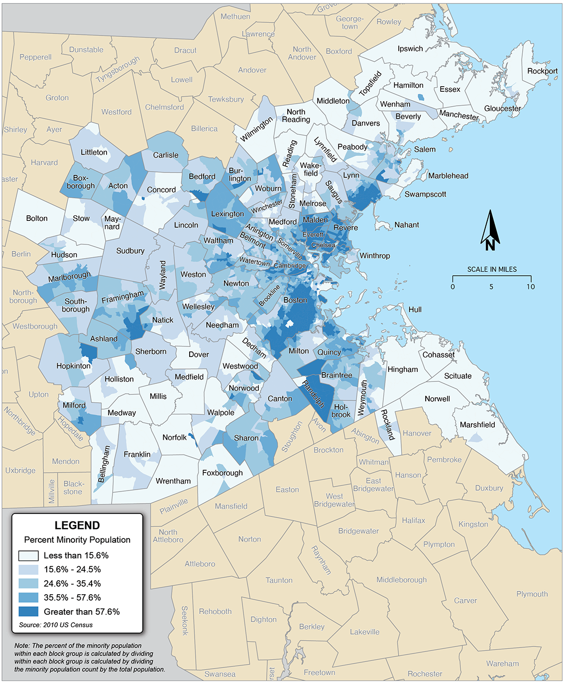 Figure 6-2 is a map showing the percent of the population that identifies as a minority in each block group across the 97 communities in the Boston region. Figure 6-2 is a map showing the percent of the population that identifies as a minority in each block group across the 97 communities in the Boston region.