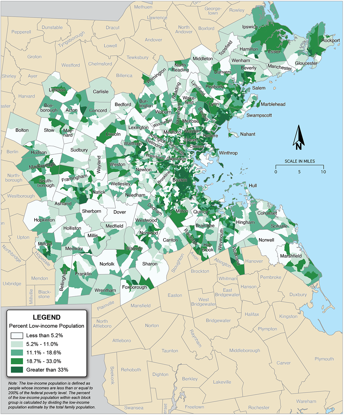 Figure 6-3 is a map showing the percent of the population that has a low income in each block group across the 97 communities in the Boston region. Figure 6-3 is a map showing the percent of the population that has a low income in each block group across the 97 communities in the Boston region.