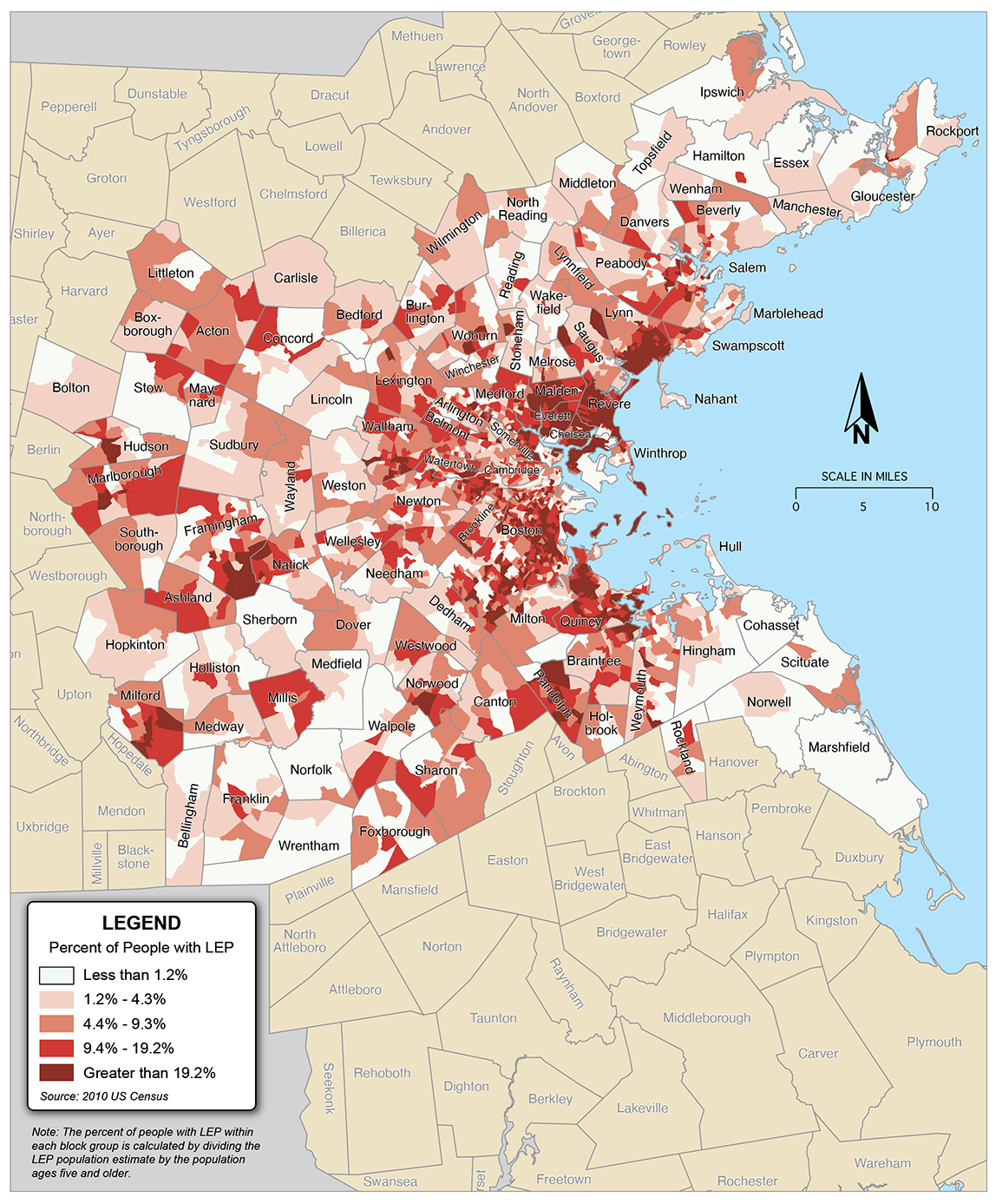 Figure 6-4 is a map showing the percent of the population that has limited English proficiency in each block group across the 97 communities in the Boston region. Figure 6-4 is a map showing the percent of the population that has limited English proficiency in each block group across the 97 communities in the Boston region.