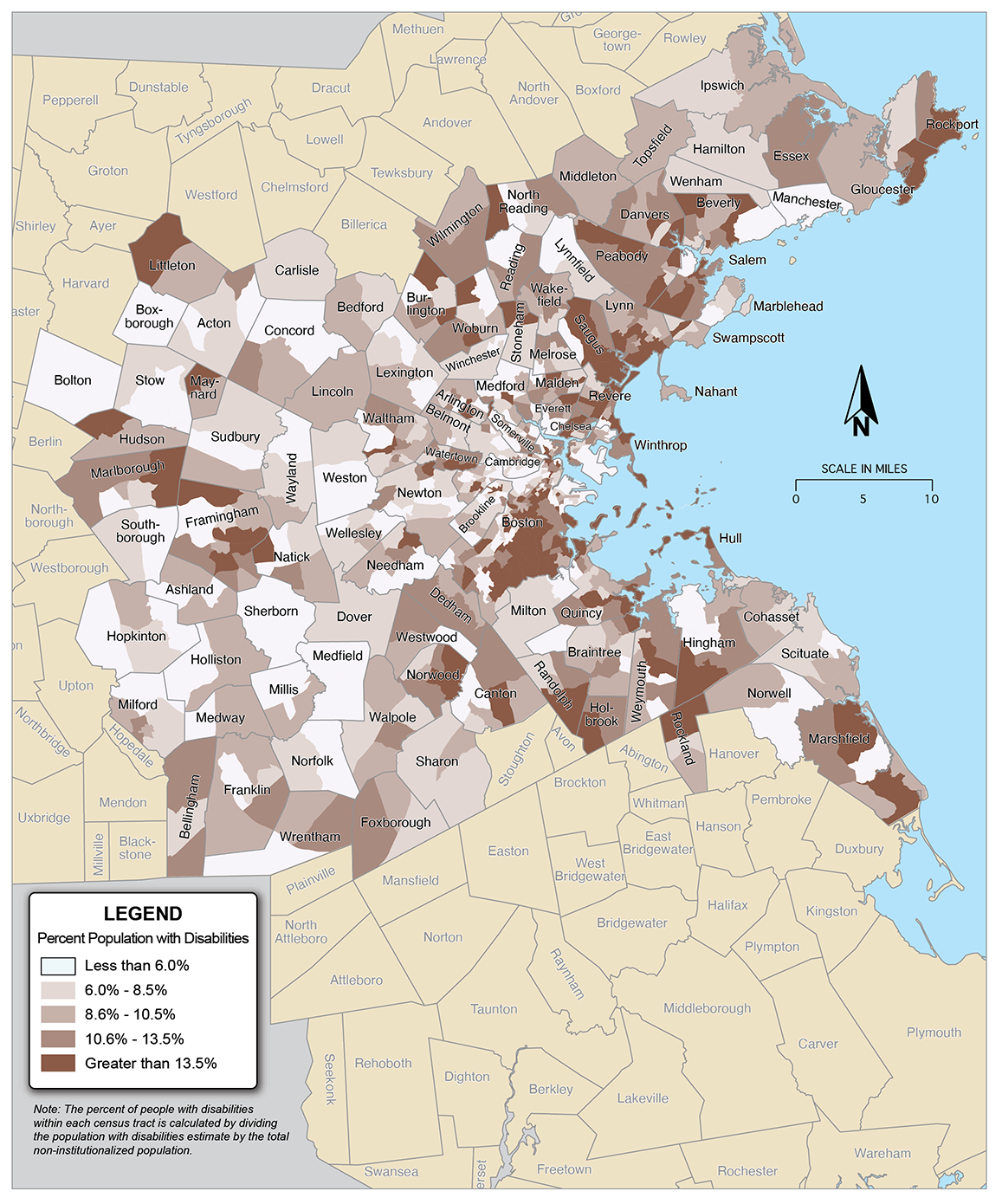 Figure 6-5 is a map showing the percent of the population with disabilities in each census tract across the 97 communities in the Boston region. Figure 6-5 is a map showing the percent of the population with disabilities in each census tract across the 97 communities in the Boston region.