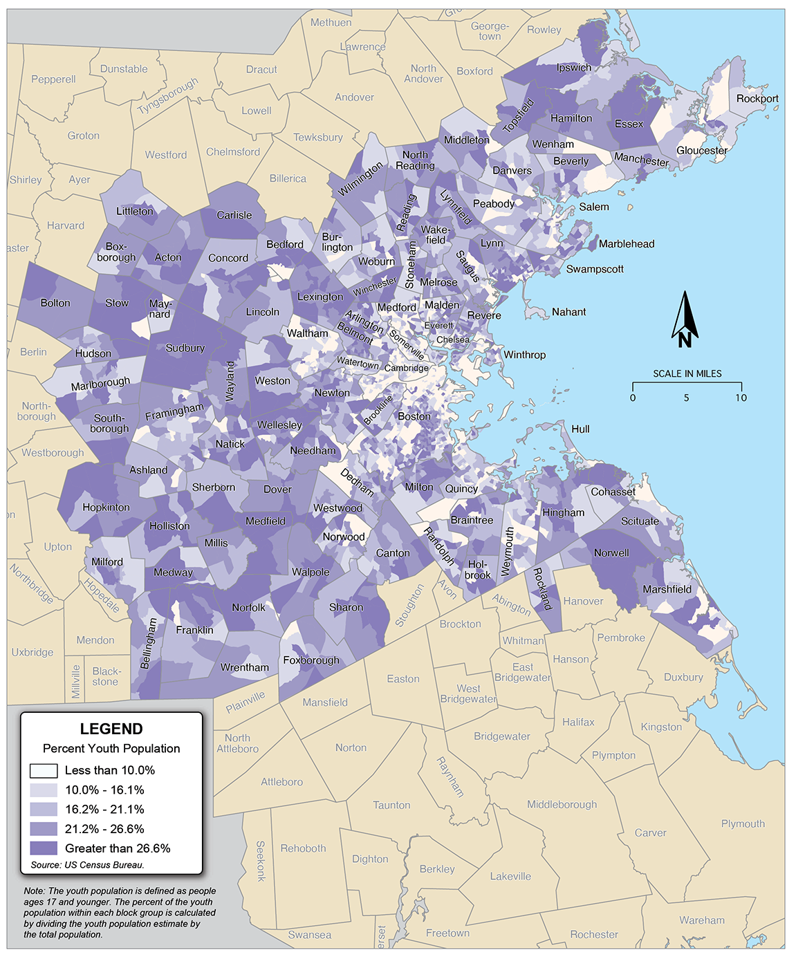 Figure 6-7 is a map showing the percent of the population that is age 17 or younger in each block group across the 97 communities in the Boston region. Figure 6-7 is a map showing the percent of the population that is age 17 or younger in each block group across the 97 communities in the Boston region.