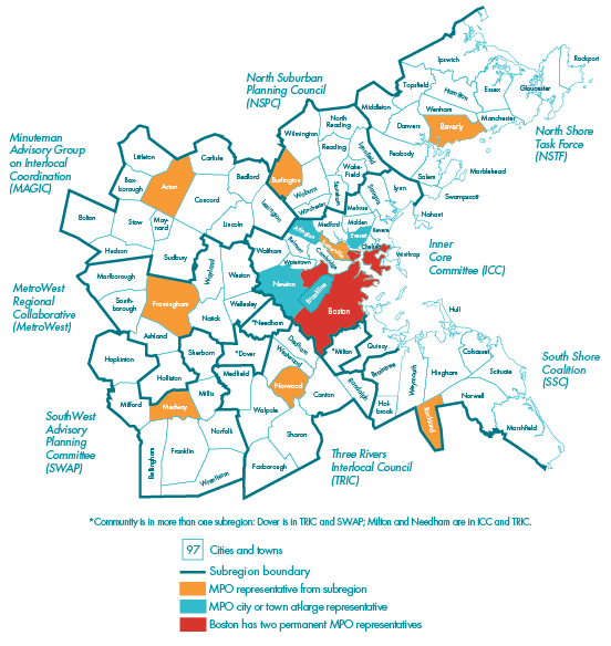 This is a map of the cities and towns in the Boston Region. There are 97 cities and towns within the Boston Region Metropolitan Planning Organization’s planning area