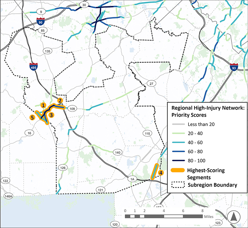A map of the SouthWest Advisory Planning Committee (SWAP) Subregion, consisting of communities to the far southwest of Boston. A Prioritized Regional High Injury Network, consisting of highlighted highest-scoring roadway segments, is overlayed on the map. This area has high-scoring segments in Framingham, Milford, Medway, Bellingham, and along Route 1 southeast of Wrentham