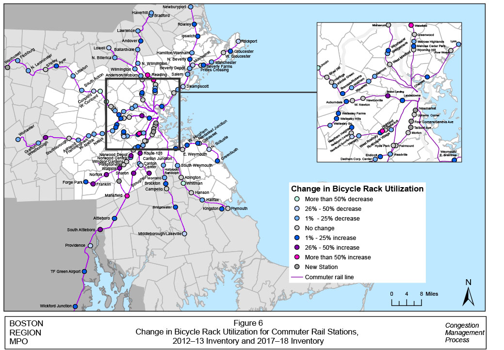 Figure 6 Change in Bicycle Rack Utilization for Commuter Rail Stations, 2012–13 Inventory and 2017–18 inventory
This is a full-page, color-coded map in landscape format of the park-and-ride lots in the study area. It presents the change in bicycle parking utilization for commuter rail stations between the 2012–13 and 2017–18 inventories, according to the following parameters: Change in Bicycle rack utilization: turquoise represents more than a 50 percent decrease, light blue represents 26 percent to 50 percent decrease, sky blue represents 1 percent to 25 percent decrease, light grey represents no change, dark blue represents 1 percent to 25 percent increase, purple represents 26 percent to 50 percent increase, magenta represents more than 50 percent increase, dark grey represents a new station. The magenta line represents the commuter rail line.