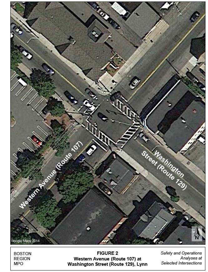 Figure 2 it titled “Western Avenue (Route 107) at Washington Street (Route 129), Lynn.” It is an aerial photo that is an enlarged version of Figure 1, showing a smaller area, but in more detail.
